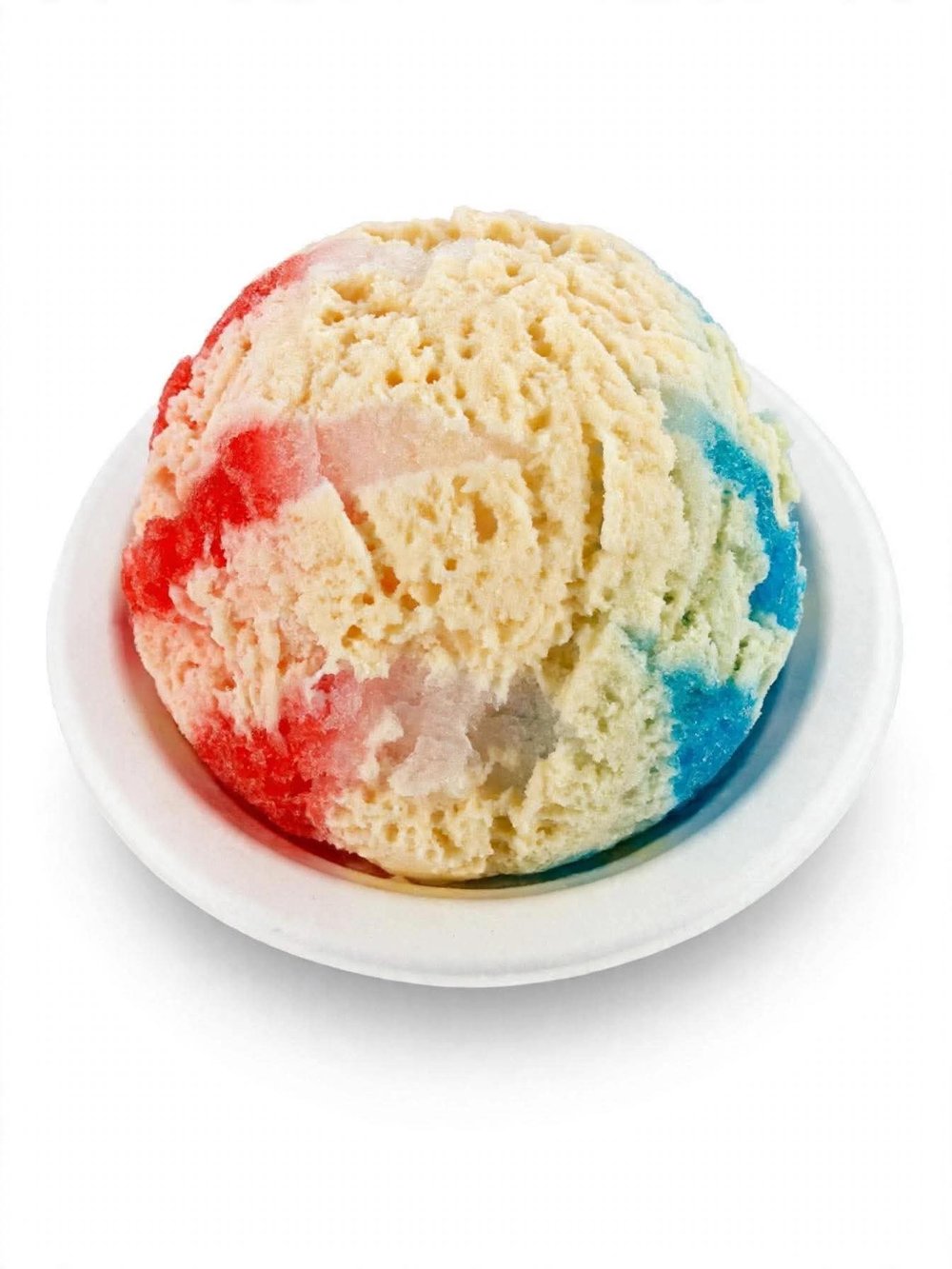 Red, white and blue shave ice on a plate