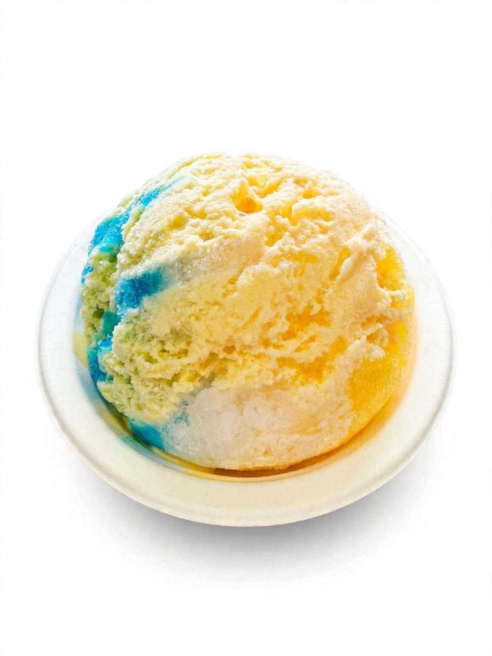 Blue and yellow shave ice topped with snow cap