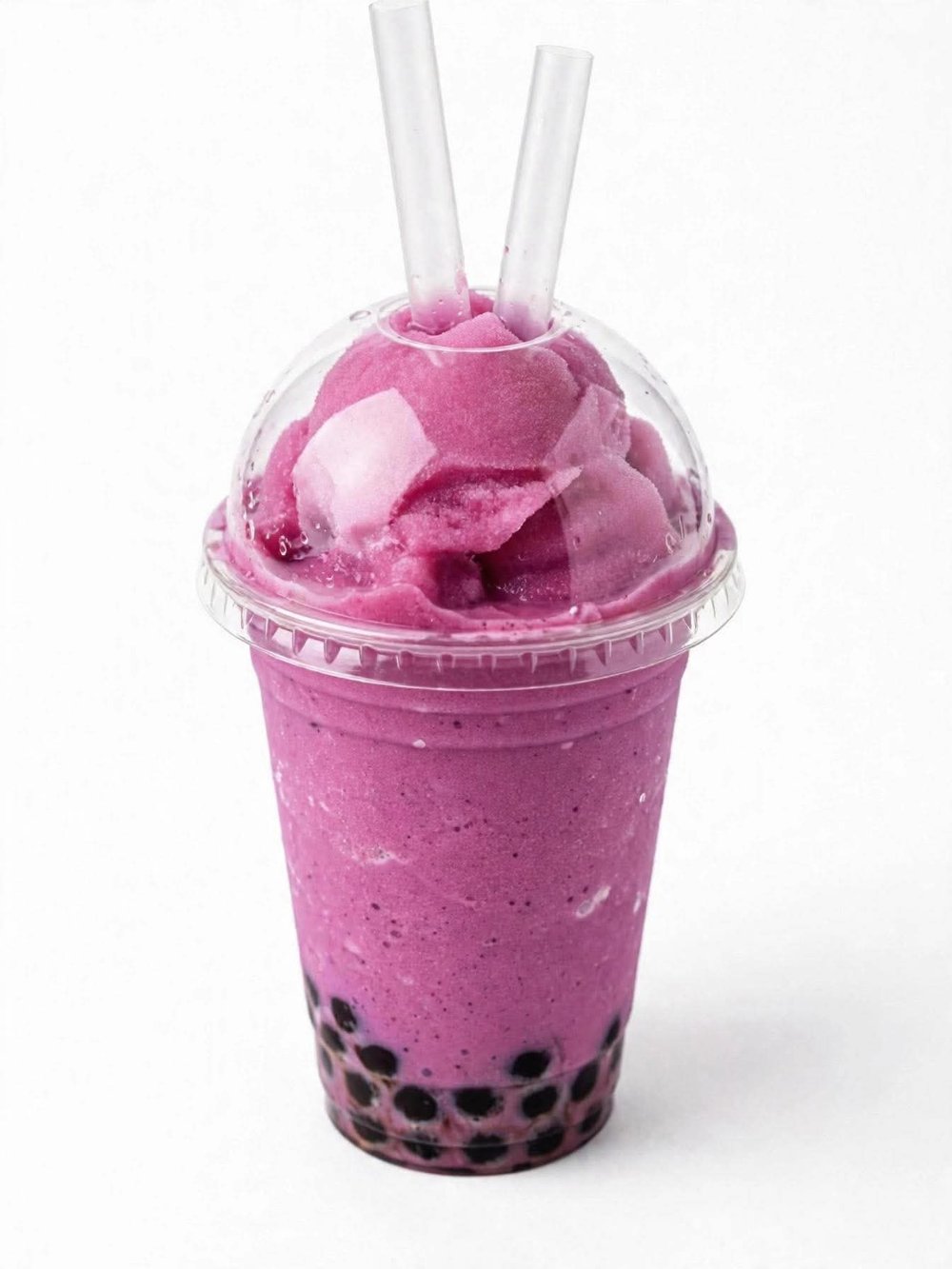 Purple boba drink with tapioca pearls and a dome lid